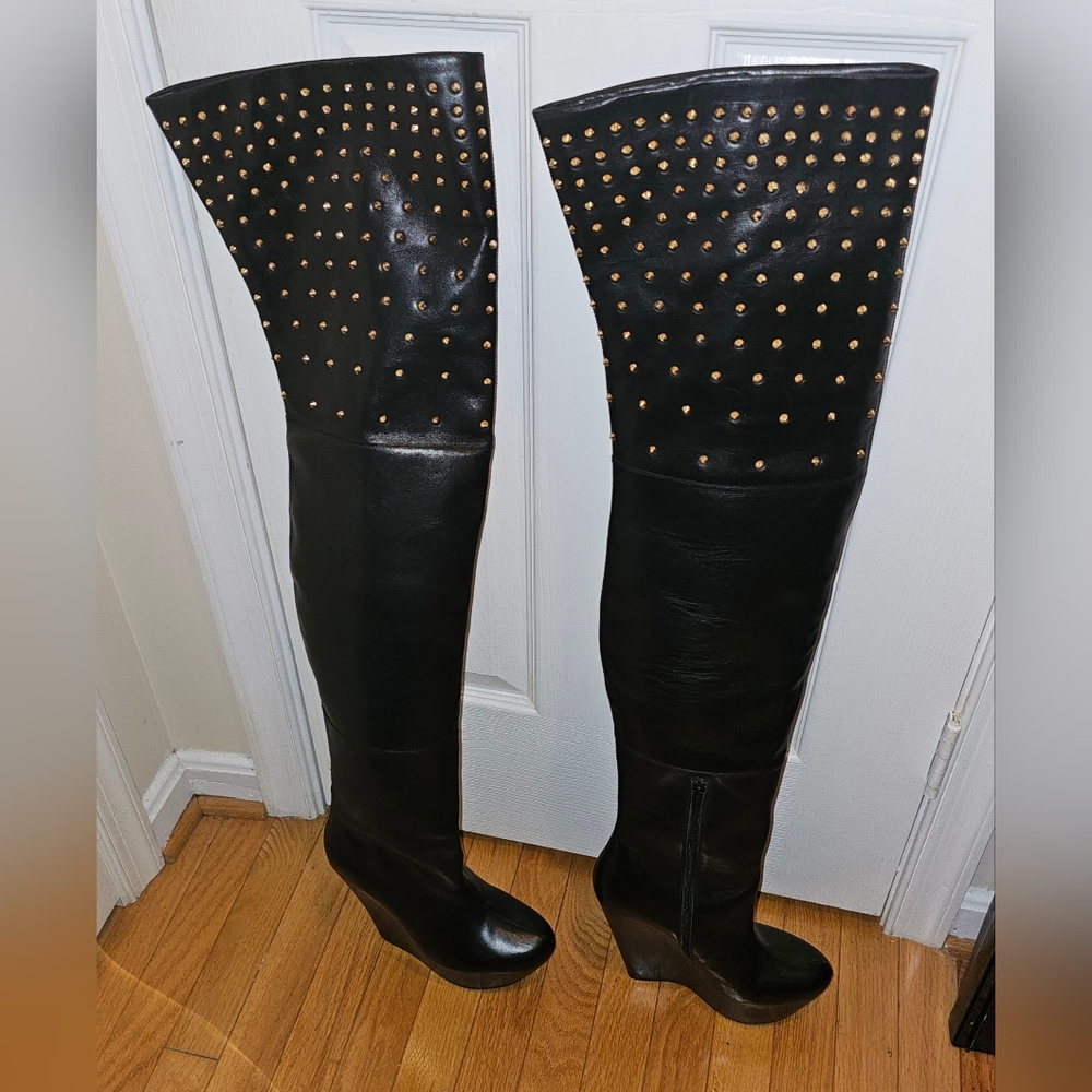 New Monica Chiang Thigh High Black Leather Gold Studs Covered Wedge Boots 40